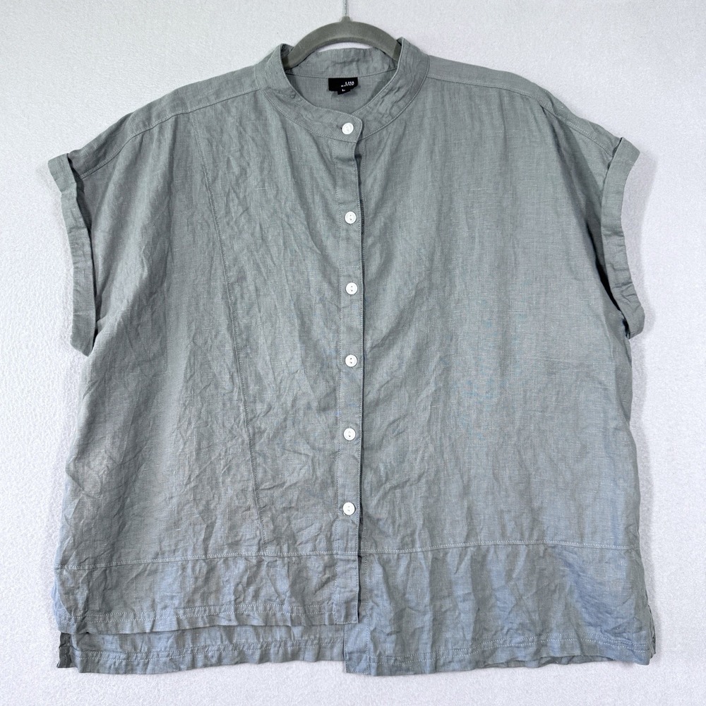 Lisa Bayne Top Womens Large Linen Asymmetric Stepped Hem Lagenlook Artsy Blouse